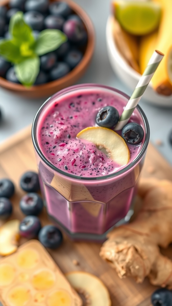 A vibrant blueberry and ginger smoothie in a glass garnished with blueberries and a slice of apple.