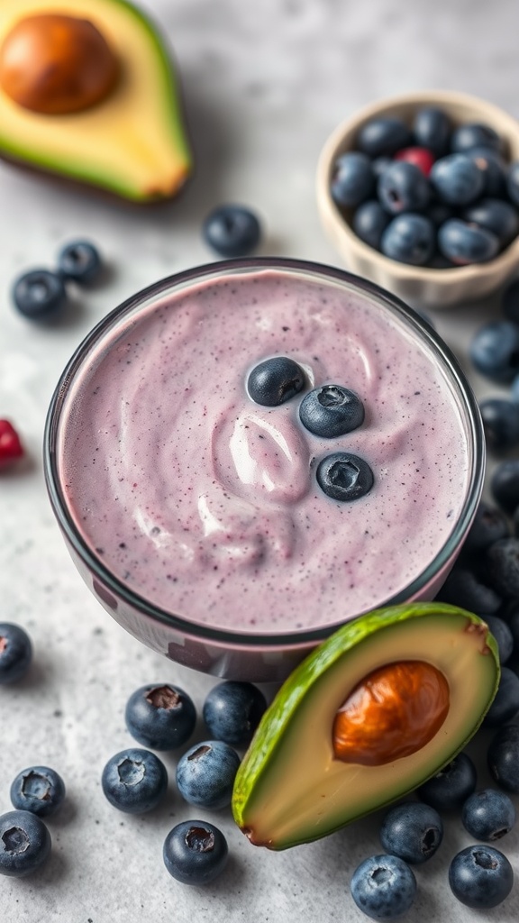 A creamy blueberry avocado smoothie in a glass, garnished with blueberries.