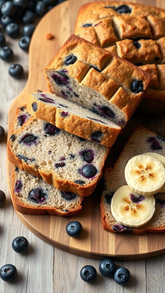 Sliced blueberry banana bread on a wooden board with fresh blueberries