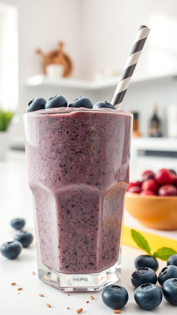 A refreshing blueberry flaxseed smoothie topped with blueberries, served in a glass.