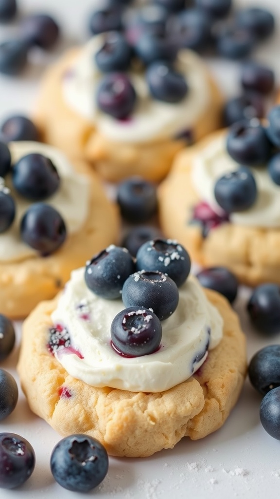Delicious blueberry keto cream cheese cookies topped with fresh blueberries.