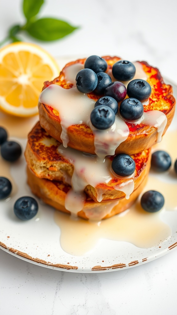 Delicious blueberry lemon french toast topped with blueberries and a lemon drizzle