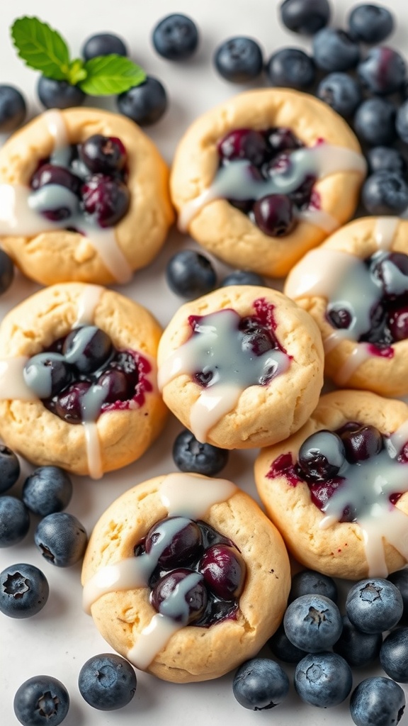 Blueberry thumbprint cookies with almond glaze on a white surface surrounded by fresh blueberries.
