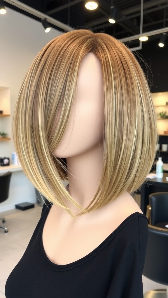 A mannequin displaying a shoulder-length blunt cut hairstyle with soft layers.