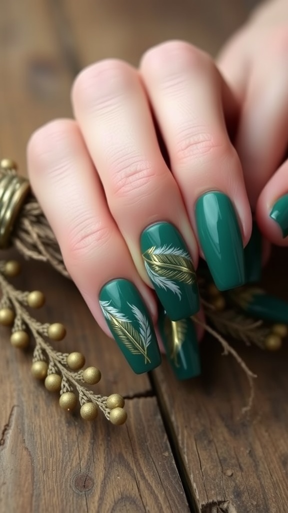 Close-up of hands with green and gold nail design featuring feather patterns.