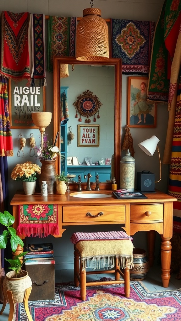 Bohemian style vanity with colorful textiles and accessories.