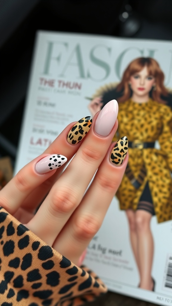 A close-up of almond-shaped nails featuring bold animal print accents, showcasing leopard and dalmatian patterns.