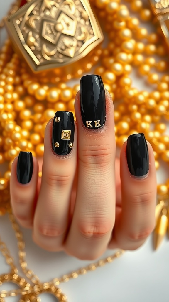 Nails featuring a bold black base with gold studs and accents.