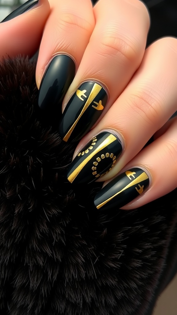 Nails featuring bold black stripes with gold accents