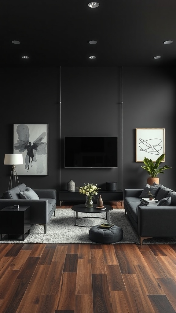 Living room with charcoal walls, modern furniture, and stylish decor.