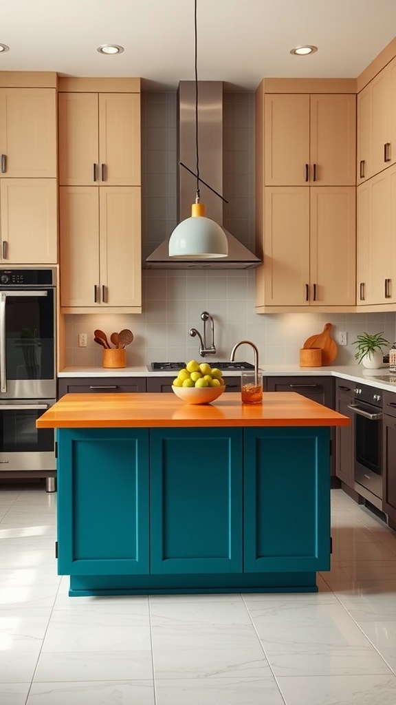 A kitchen island with a teal base and orange countertop, surrounded by beige and dark cabinetry.