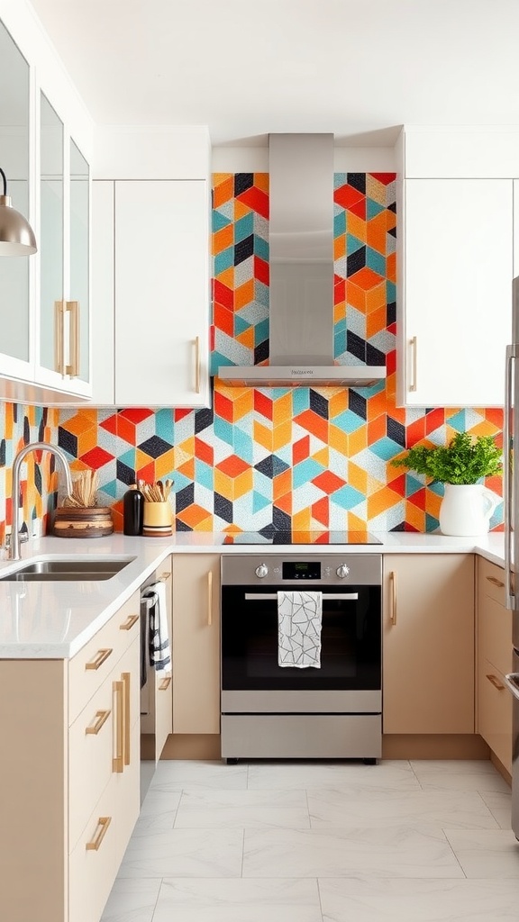 A kitchen with a colorful geometric tile backsplash featuring bright colors like orange, teal, and black.