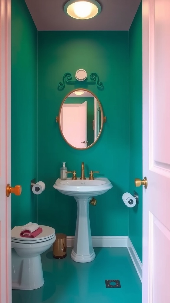 A small half bathroom featuring teal walls, a white sink, and gold fixtures.