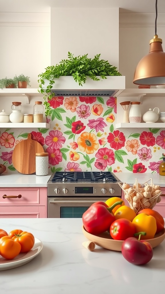 A kitchen featuring a bold floral backsplash with a colorful design, pink cabinets, and a modern stove.