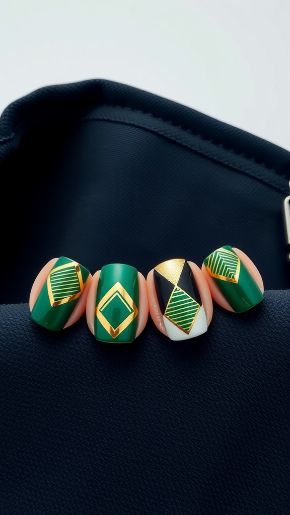Nails featuring bold geometric shapes in green and gold