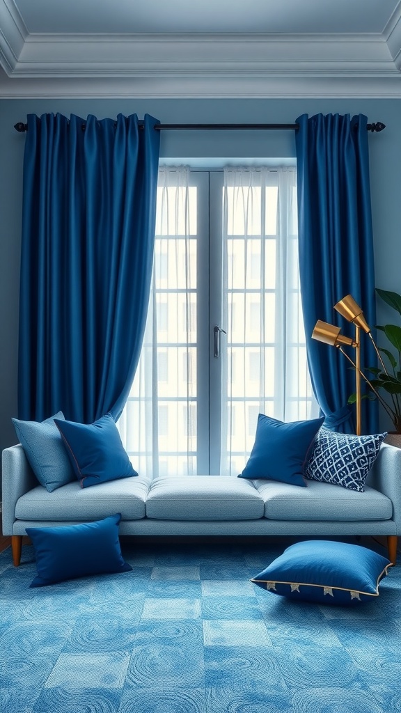 A cozy blue room with navy curtains and cushions on a light sofa.