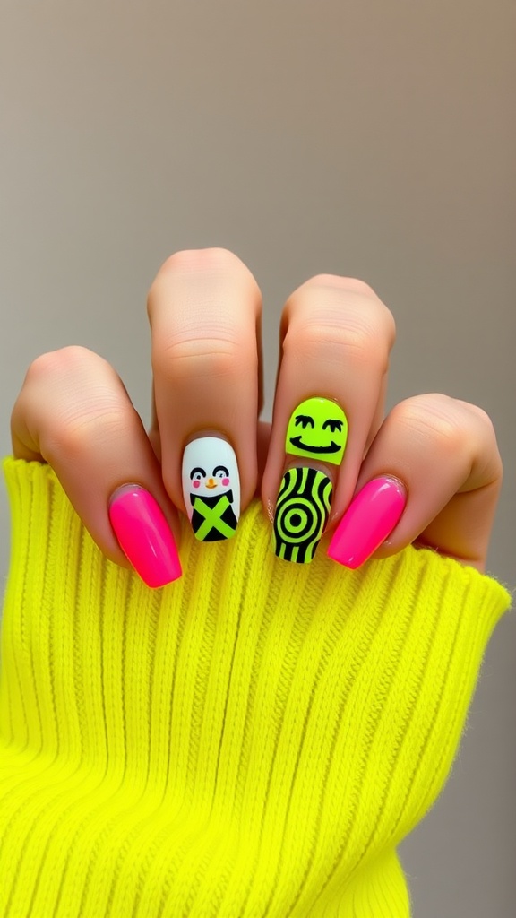 Short nails featuring bold neon accents and playful designs.