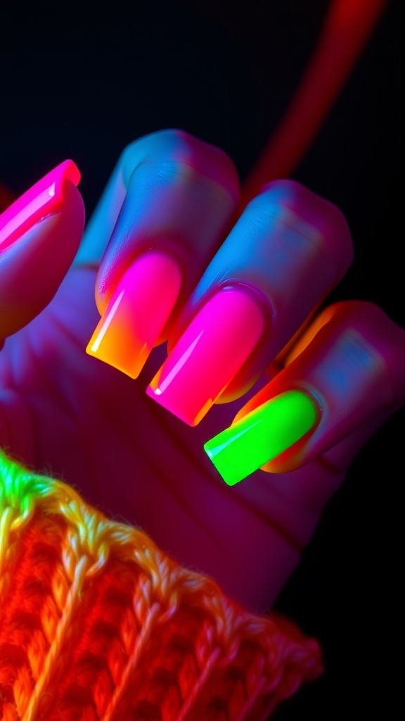 A hand showing off bold neon square nails in pink, green, and orange colors.