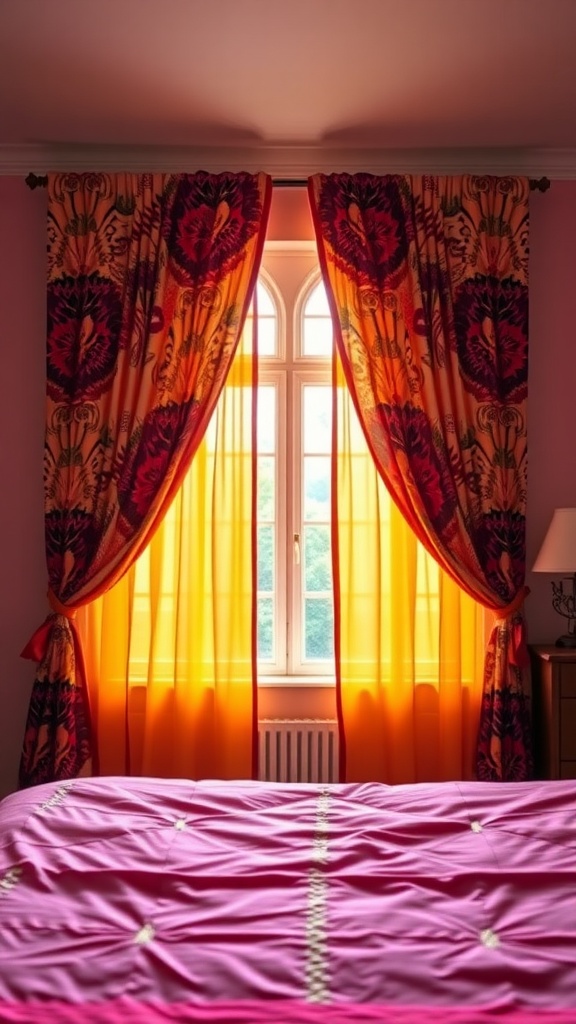 A stylish bedroom featuring bold patterned drapes in vibrant colors.