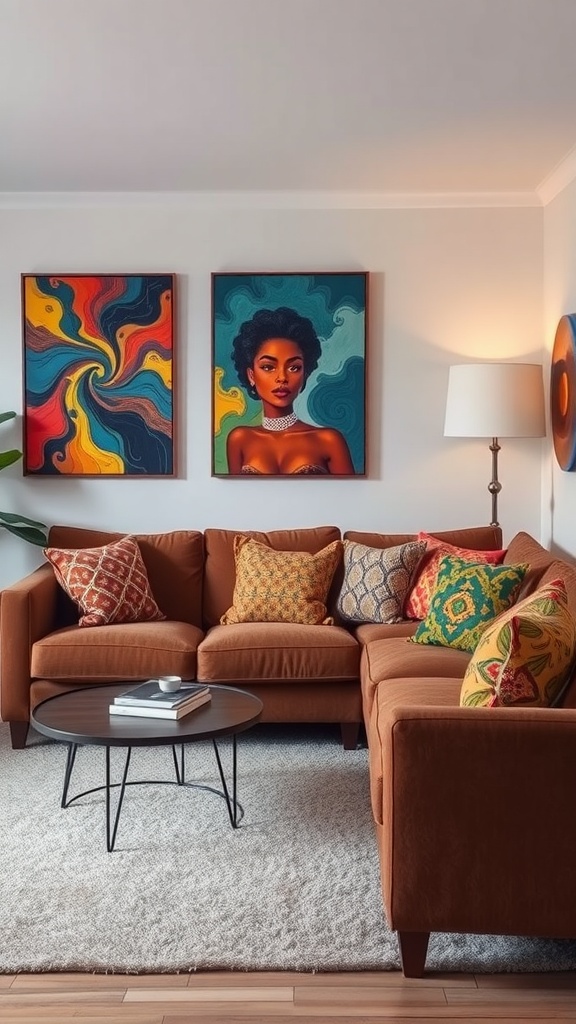 A stylish living room featuring a brown couch adorned with colorful pillows and bold patterned artwork.
