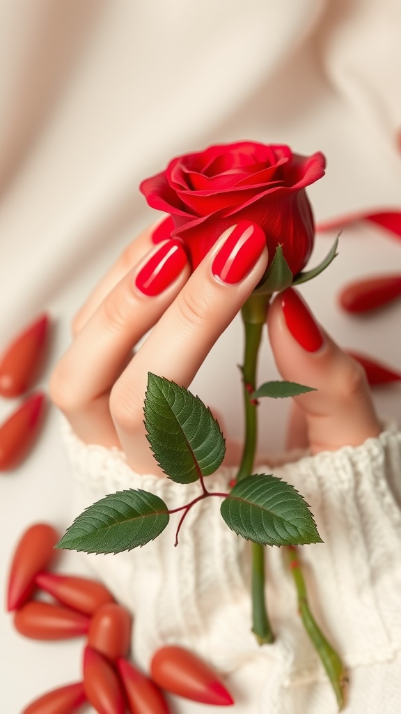 A hand holding a red rose with bold red almond nails and a soft background.