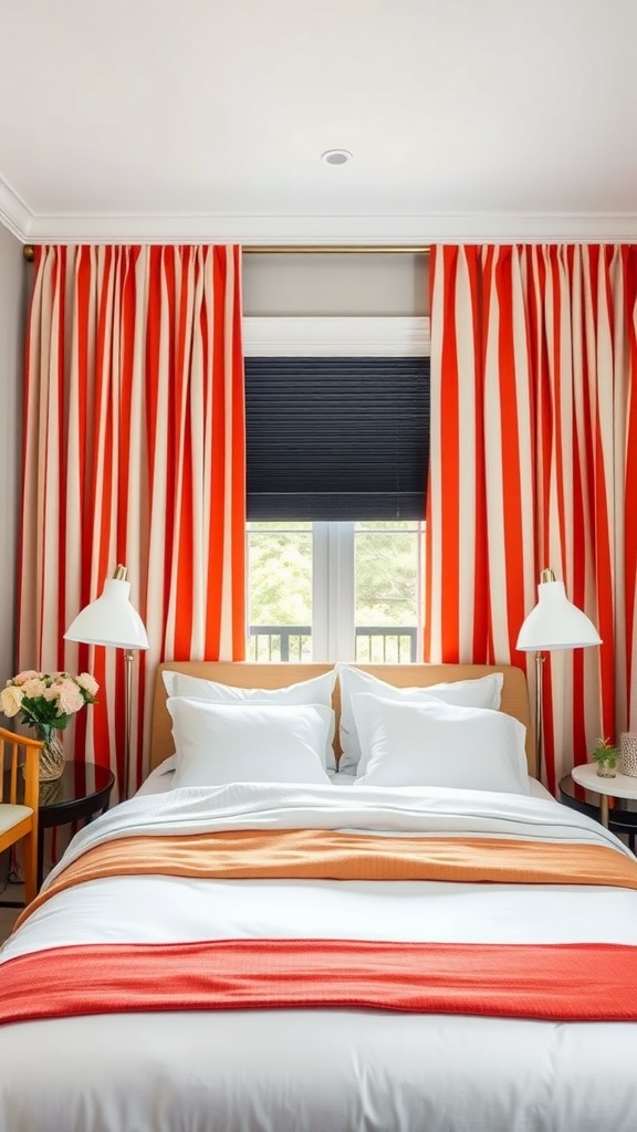 A bedroom featuring bold striped curtains in red and cream, complementing white bedding and stylish lamps.