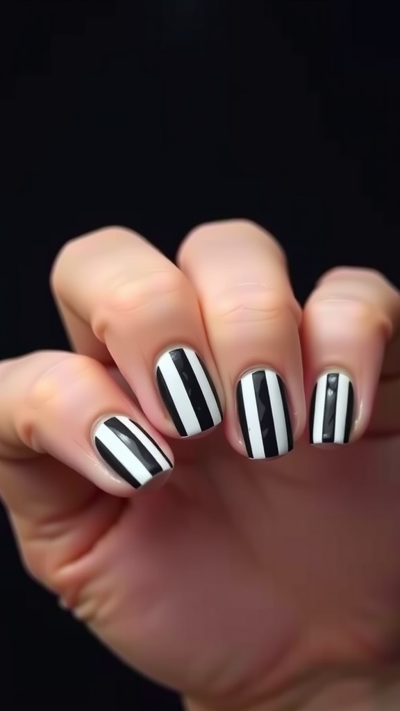 Square nails with bold black and white stripes