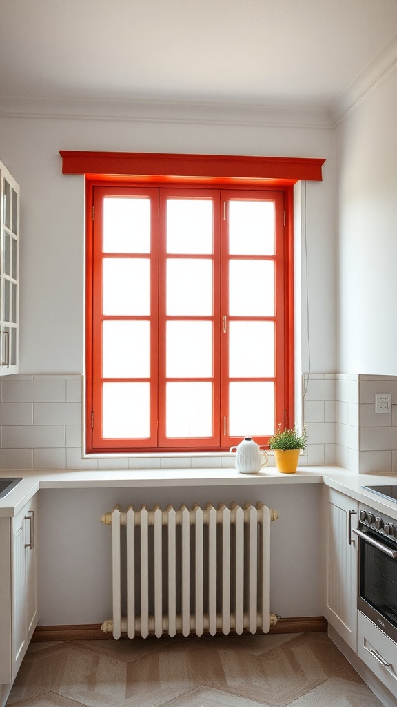 A kitchen with bold red window frames, featuring a modern design and bright sunlight.