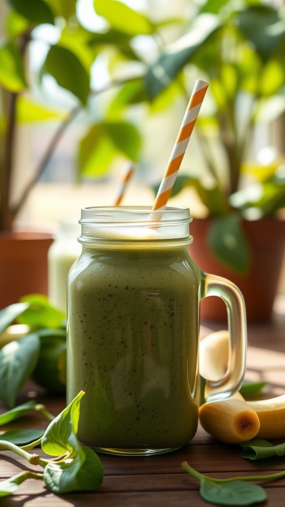 A delicious spinach banana smoothie in a glass with a straw, surrounded by fresh spinach and bananas.