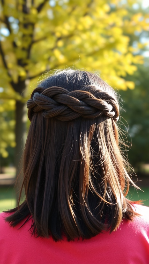 A woman with shoulder-length hair styled in a braided crown with loose ends, set against a background of yellow autumn leaves.