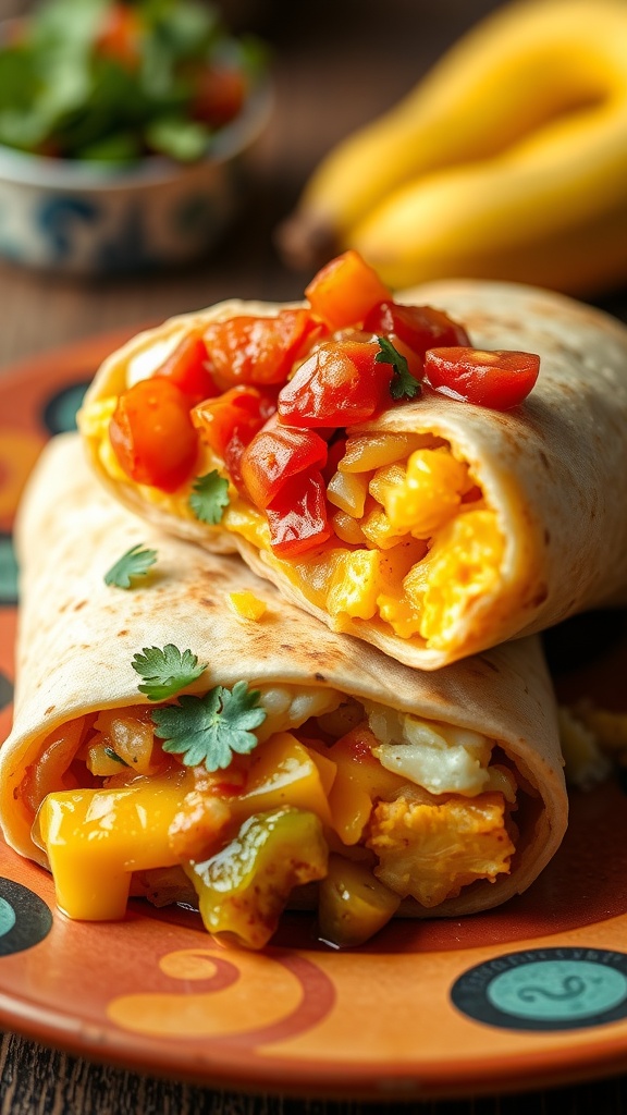 A close-up of two breakfast burritos filled with eggs and salsa on a colorful plate, with bananas in the background.