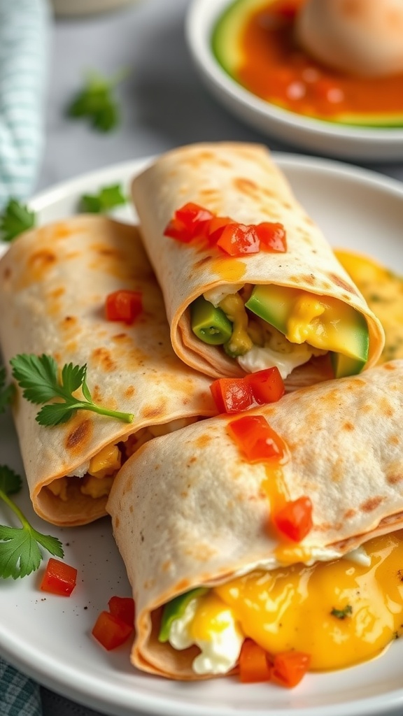 Delicious breakfast burritos filled with eggs, avocado, and cheese, garnished with fresh tomatoes and cilantro.