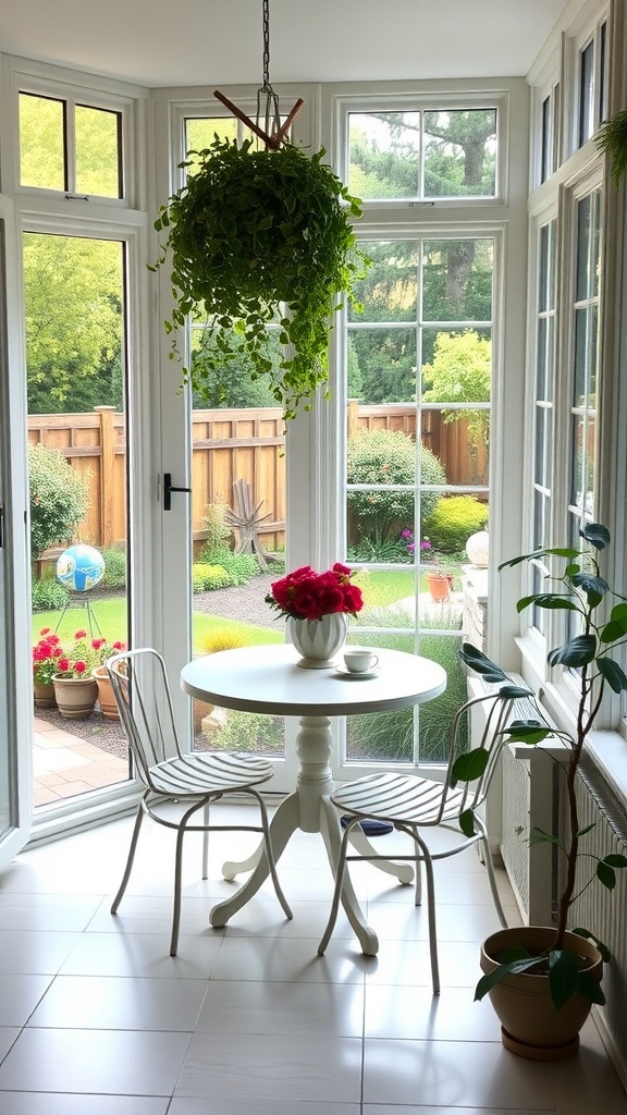A bright sunroom with a small round table, two chairs, and potted plants, overlooking a garden.