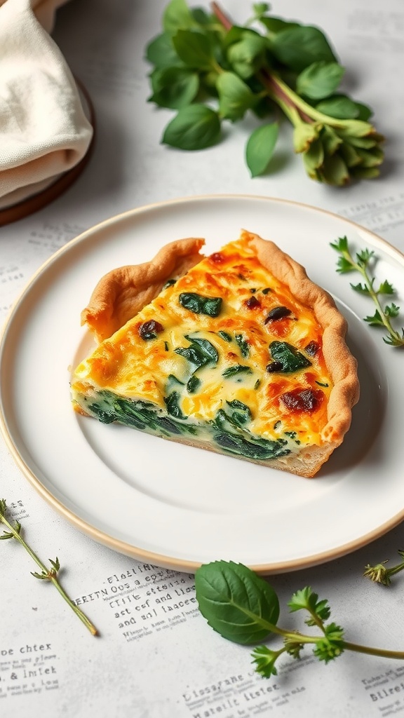 A slice of breakfast quiche with spinach and cheese on a plate, garnished with fresh herbs.