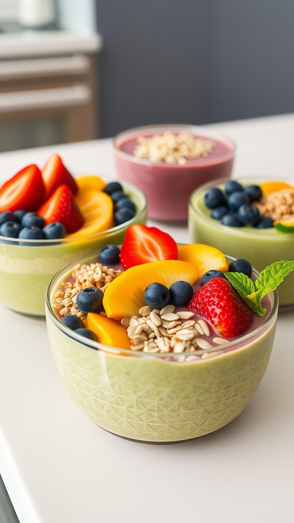 Colorful breakfast smoothie bowls topped with fresh fruits, granola, and seeds.