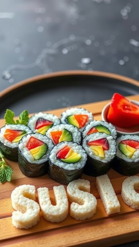Breakfast sushi rolls with rice and fresh fruits on a wooden plate.