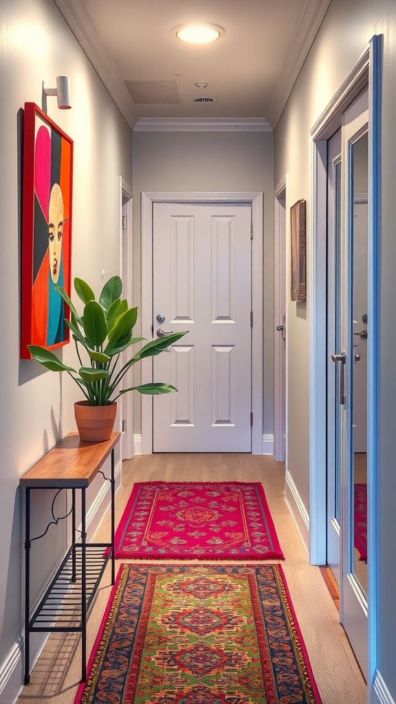 A small hallway with bright colored rugs, a colorful wall art, and a plant.
