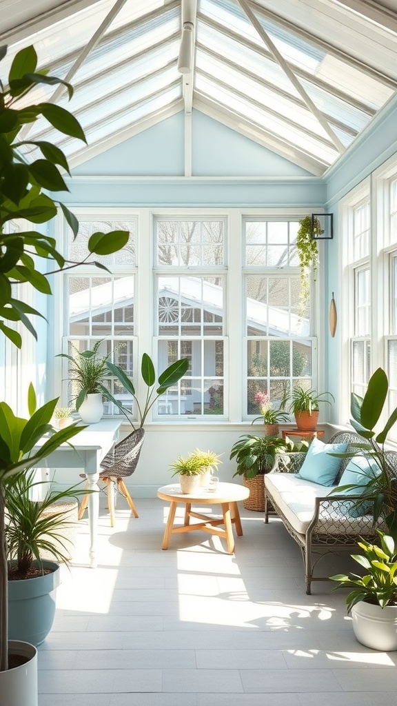 A bright sunroom with light blue walls, natural light, and various plants.