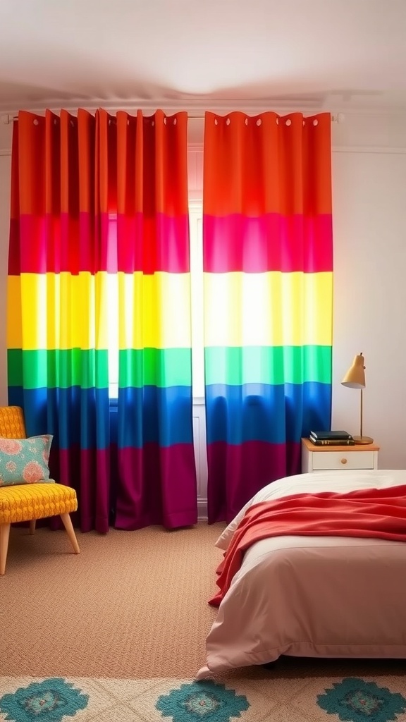 Bedroom with bright color block curtains in vibrant colors