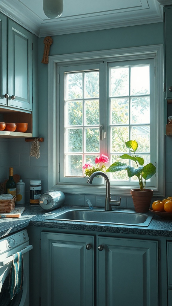 Bright kitchen with soft blue cabinets and natural light from the window