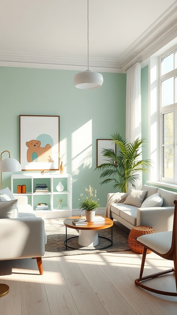 A bright mint living room with natural light, plants, and cozy furniture.