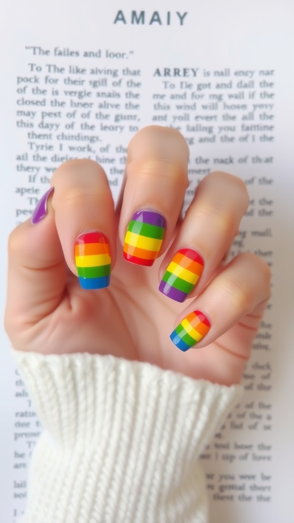 Hand with rainbow square nails against a background of text in a book.