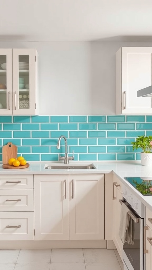 A bright kitchen with turquoise subway tiles as the backsplash.