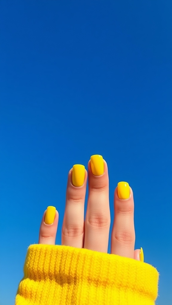 Bright yellow short nails against a blue sky