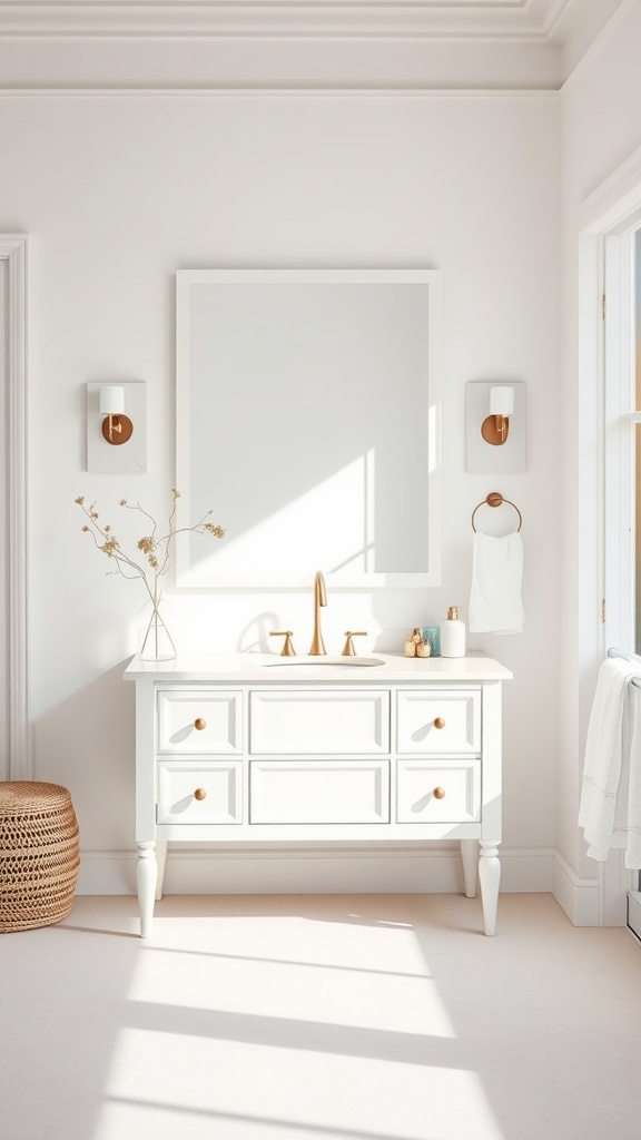 A bright white vanity with a mirror and warm accent fixtures.
