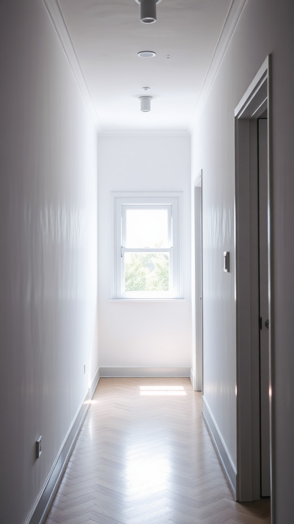 A bright, light-colored hallway with a window and smooth wooden flooring.