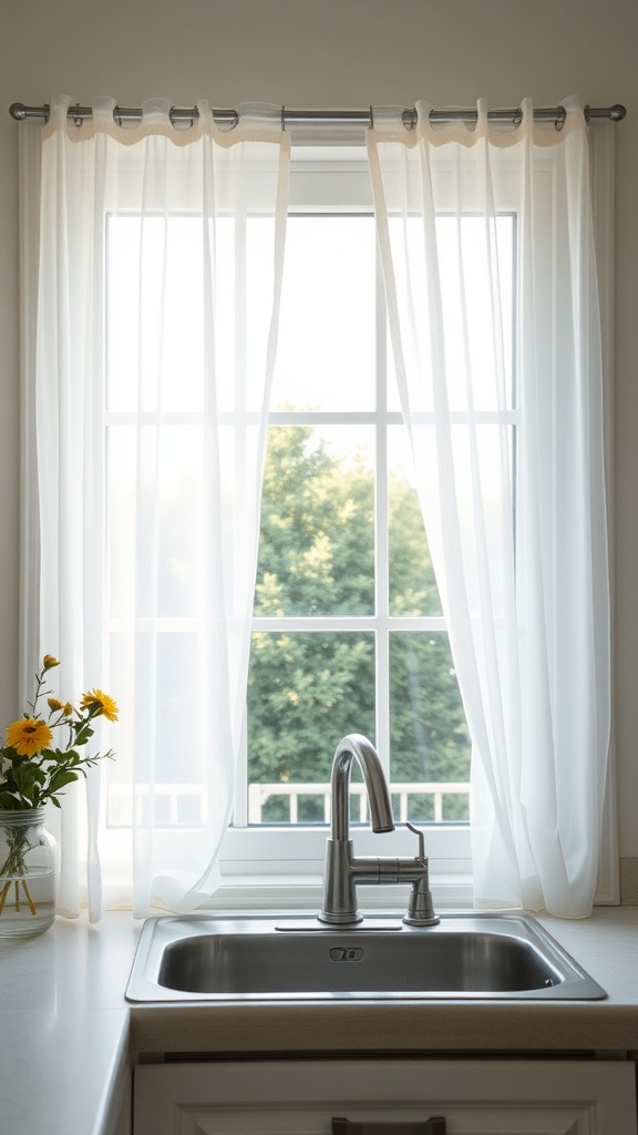 Bright kitchen window with sheer curtains and flowers
