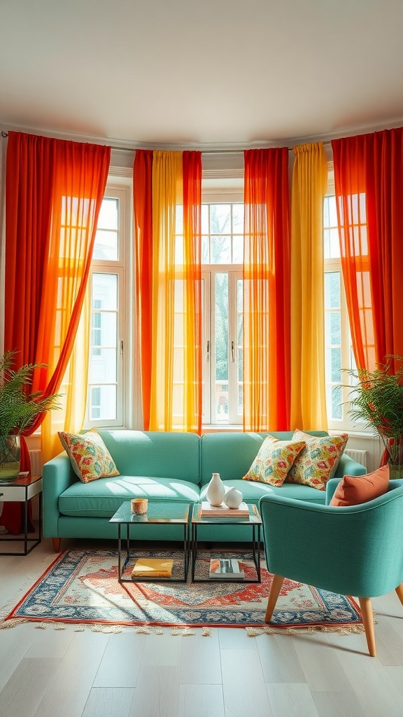 A vibrant living room featuring orange and yellow curtains with a teal couch and colorful cushions.