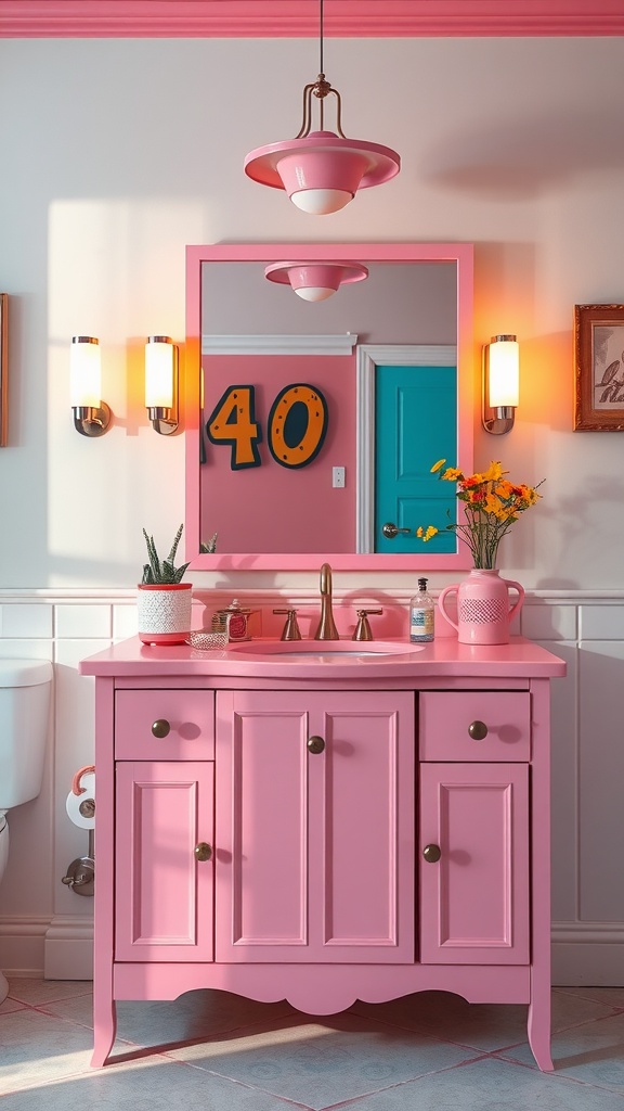 A vibrant pink vanity with a mirror and decorative elements in a stylish bedroom setting