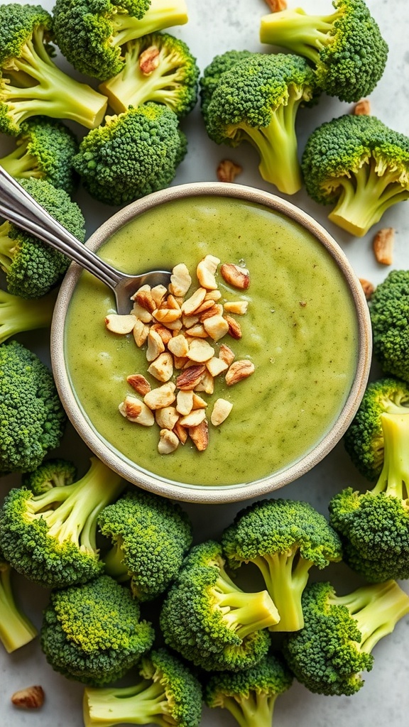 A creamy broccoli avocado smoothie topped with nuts, surrounded by fresh broccoli florets.